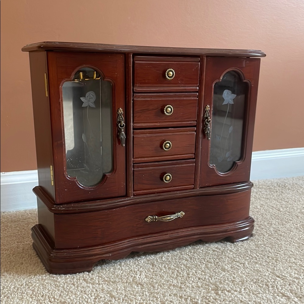 Vintage 1960s Cherry Brown Wooden Jewelry Organizer with Felt Lining
